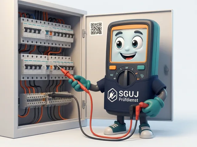Illustration: Maskottchen Multimeter misst an einer geöffneten Unterverteilung mit seinen Prüfleitungen