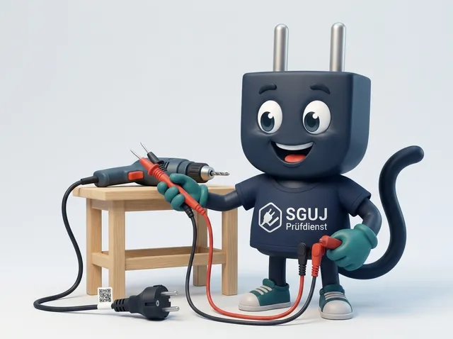 Illustration: Maskottchen Stecker prüft mit dem Messgerät eine kabelgebundene Bohrmaschine, das QR-Etikett klebt am Kabel direkt beim Stecker
